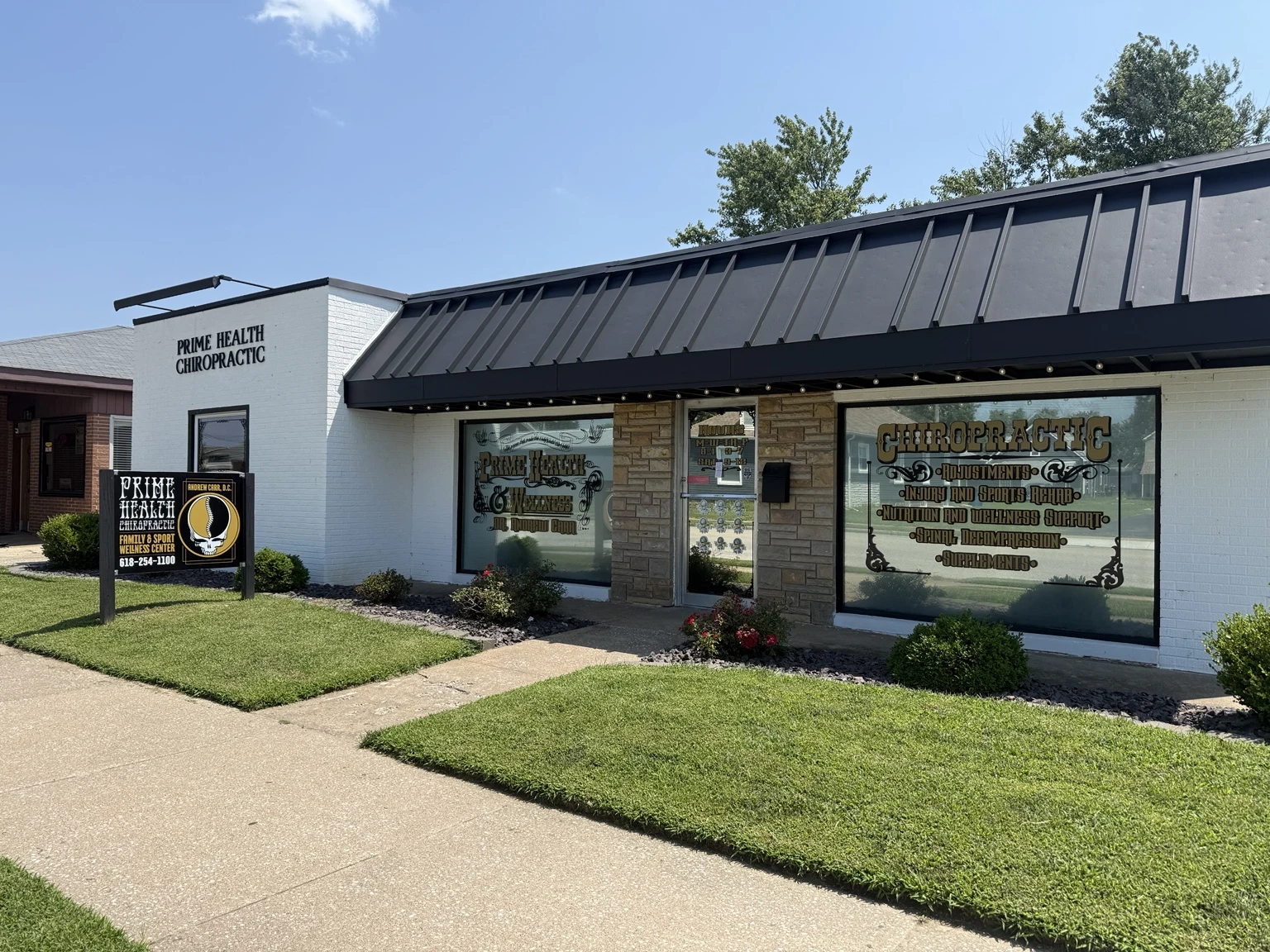 Prime Health’s black and white storefront and gold window lettering